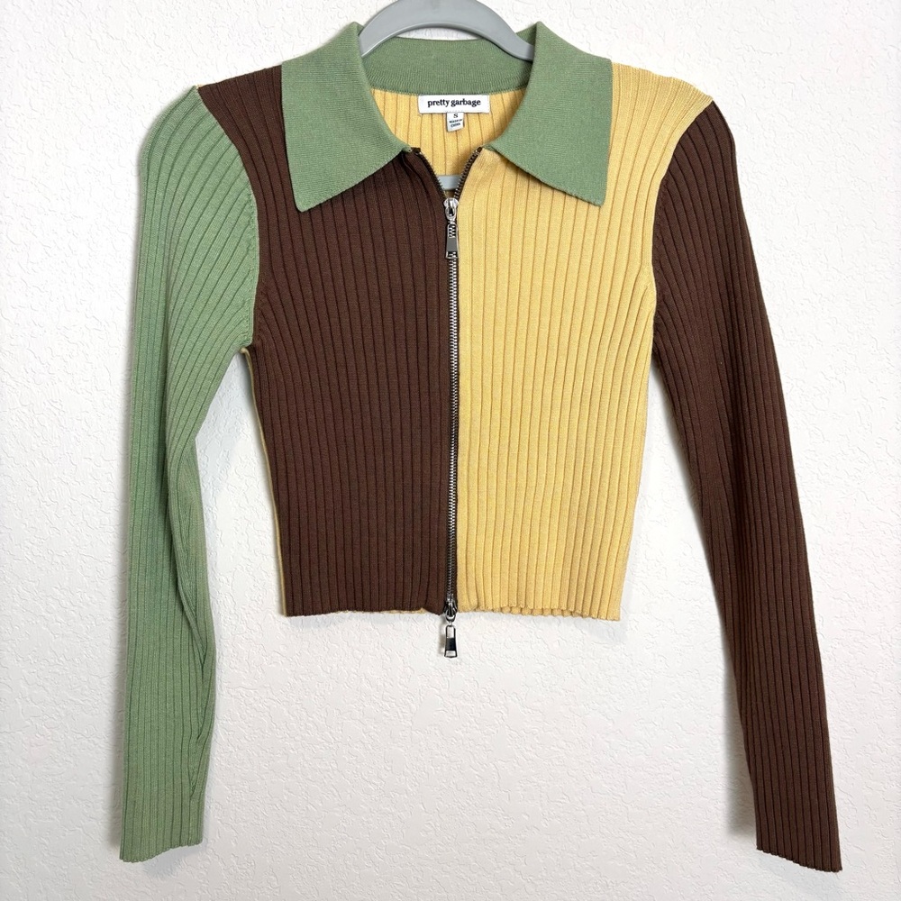 Pretty Garbage Multi Colorblock Cropped Ribbed Zip-Up Cardigan Women’s Small - Picture 2 of 9